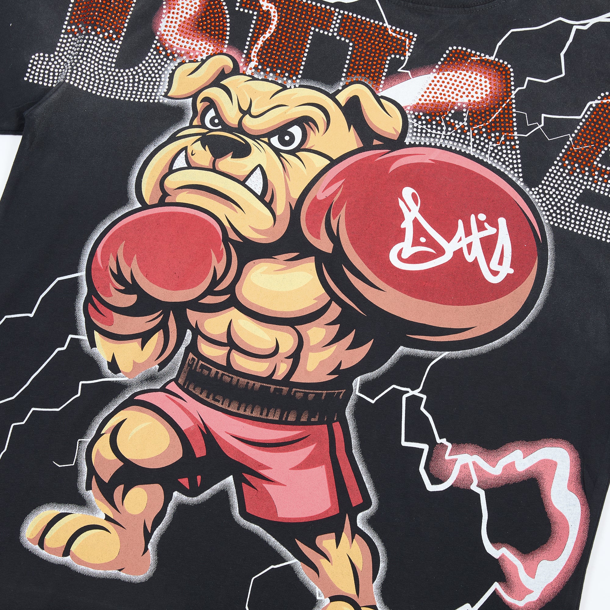 DUAA Boxing Bulldog Lightning Rhinestone Vintage Washed T-Shirt