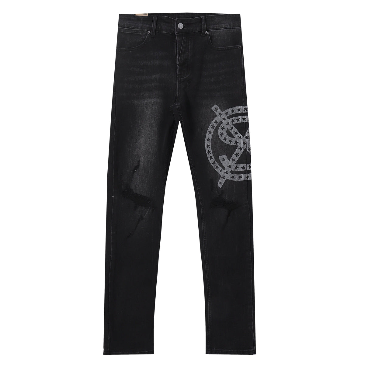 Ksubi Star Circle Logo Print Distressed Black Washed Slim Jeans