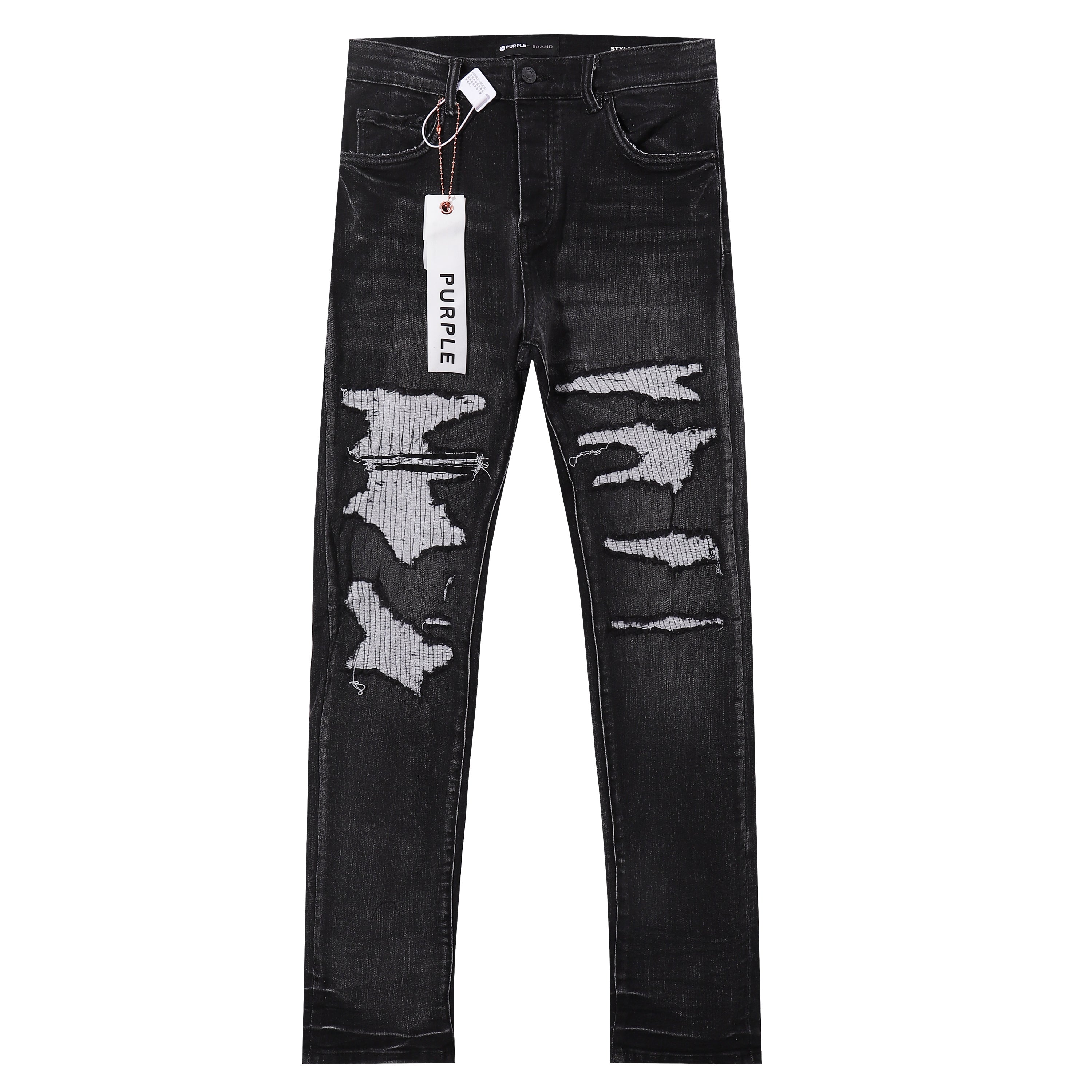 Purple‑Brand Black Washed Big Ripped Repair Patch Straight Leg Jeans
