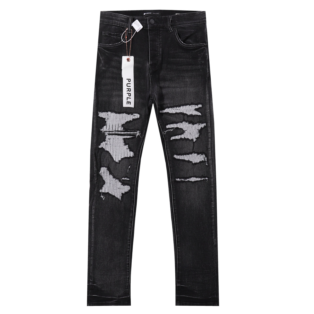 Purple‑Brand Black Washed Big Ripped Repair Patch Straight Leg Jeans