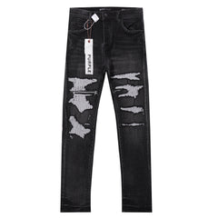 Purple‑Brand Black Washed Big Ripped Repair Patch Straight Leg Jeans