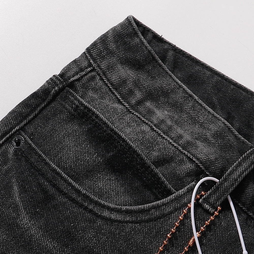 Purple‑Brand Black Washed Gothic Letter Embroidery Wide Leg Jeans
