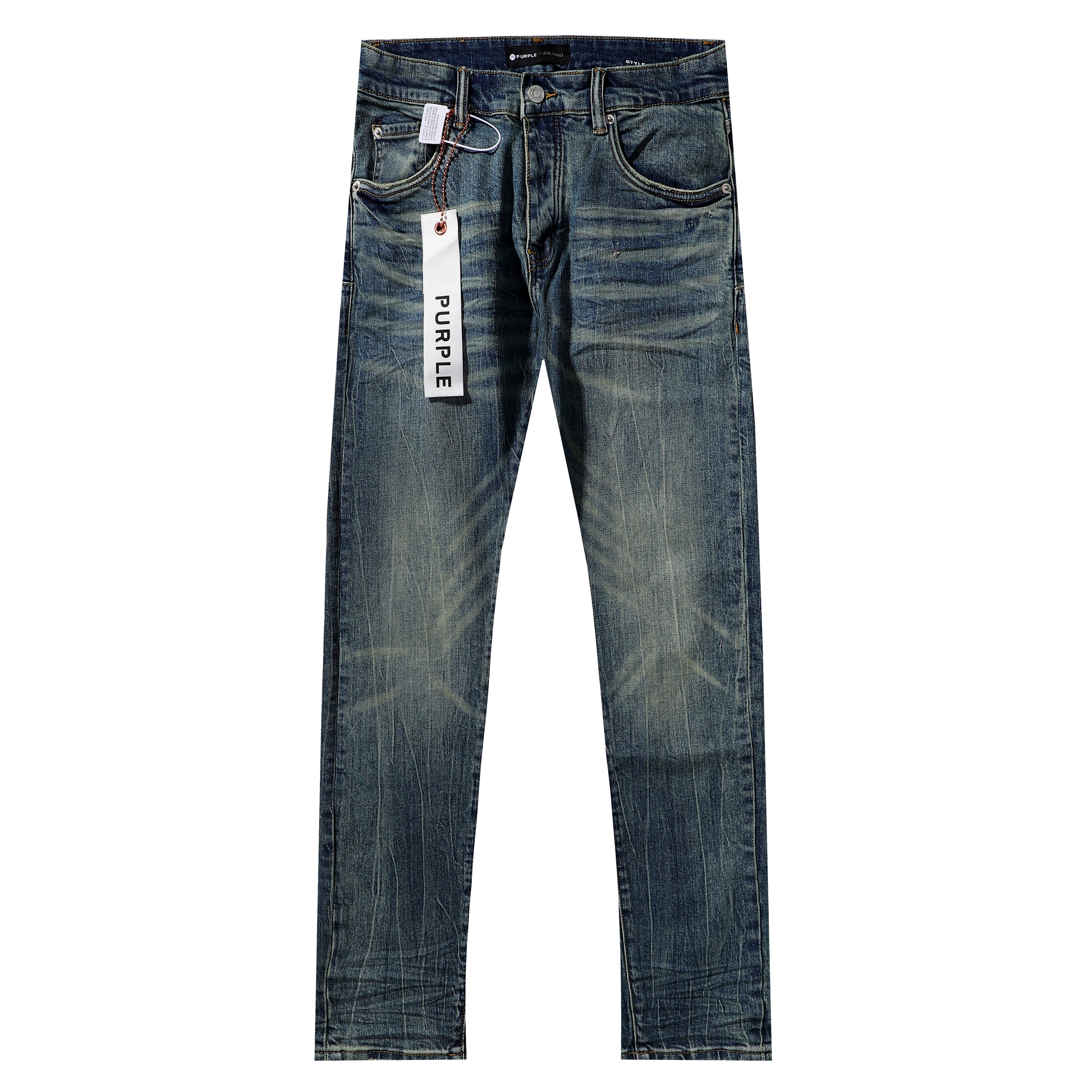 Purple‑Brand Vintage Blue Heavy Hand Whisker Crease Straight Leg Jeans