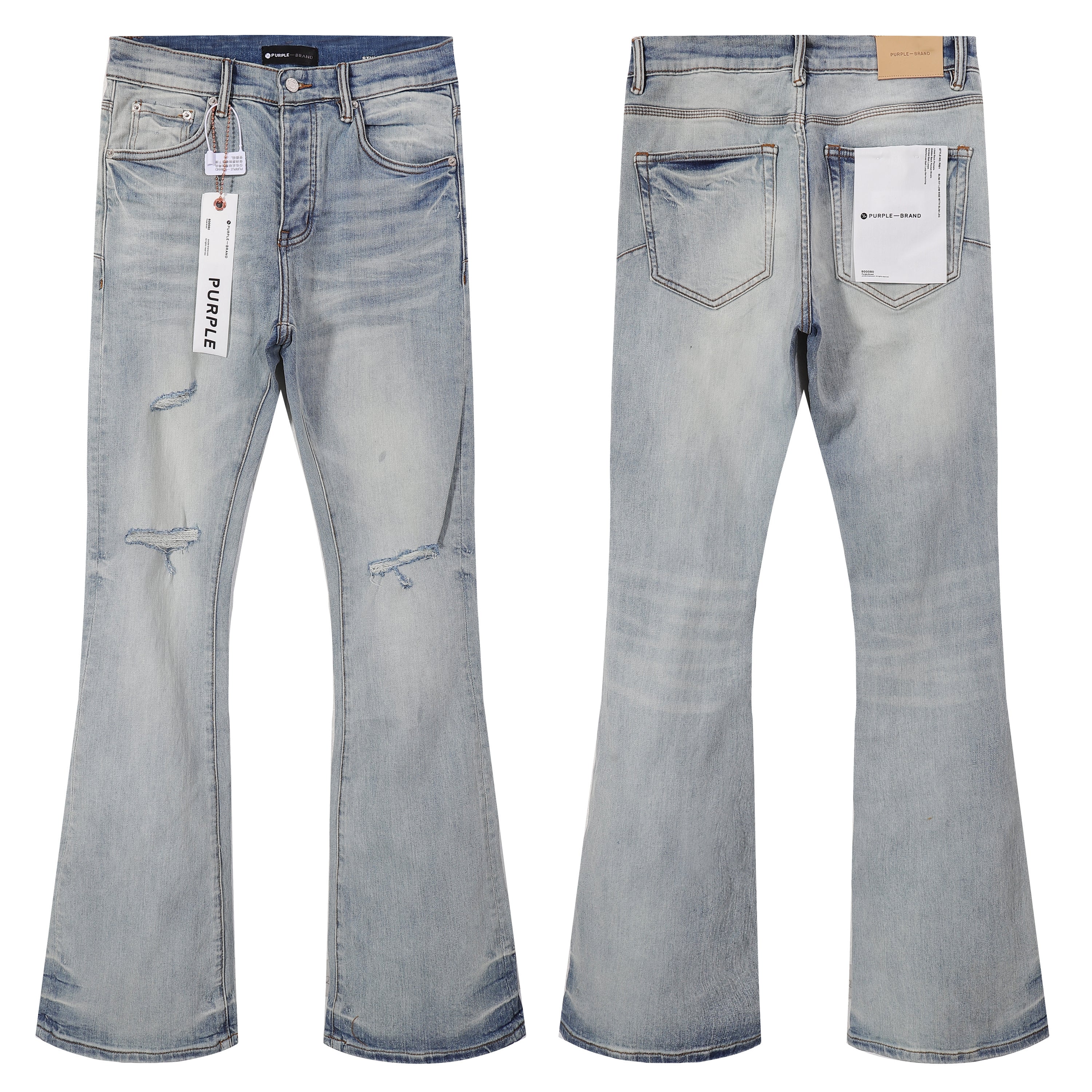 Purple‑Brand Light Blue Washed Frayed Ripped Flare Jeans