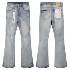 Purple‑Brand Light Blue Washed Frayed Ripped Flare Jeans