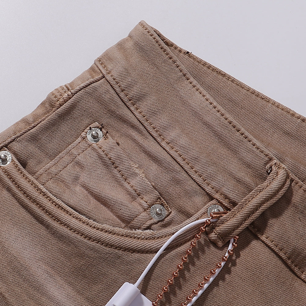 Purple‑Brand Khaki Tan Wash Black Patch Distressed Straight Leg Jeans