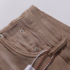 Purple‑Brand Khaki Tan Wash Black Patch Distressed Straight Leg Jeans