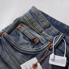 Purple‑Brand Vintage Blue Multi‑Patch Rip Distressed Straight Leg Jeans