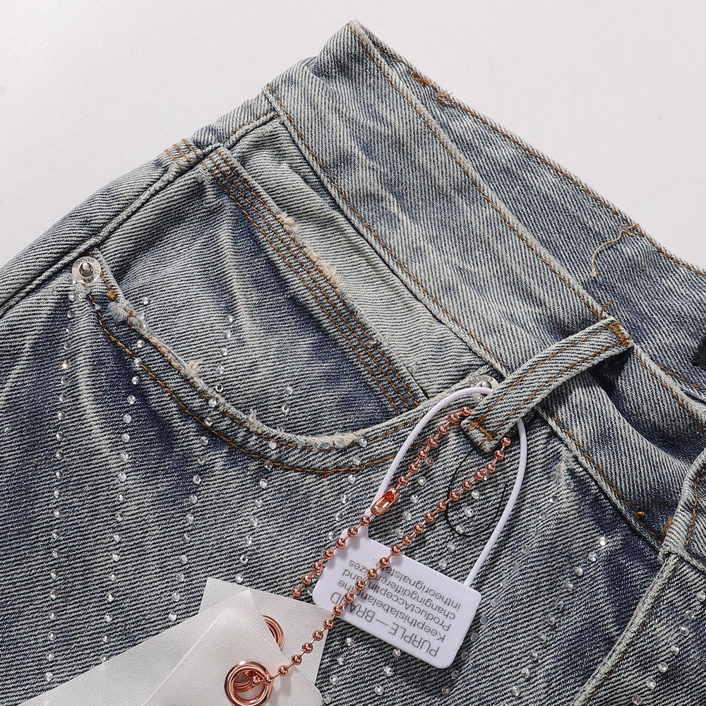 Purple‑Brand Light Wash Radial Rhinestone Straight Jeans