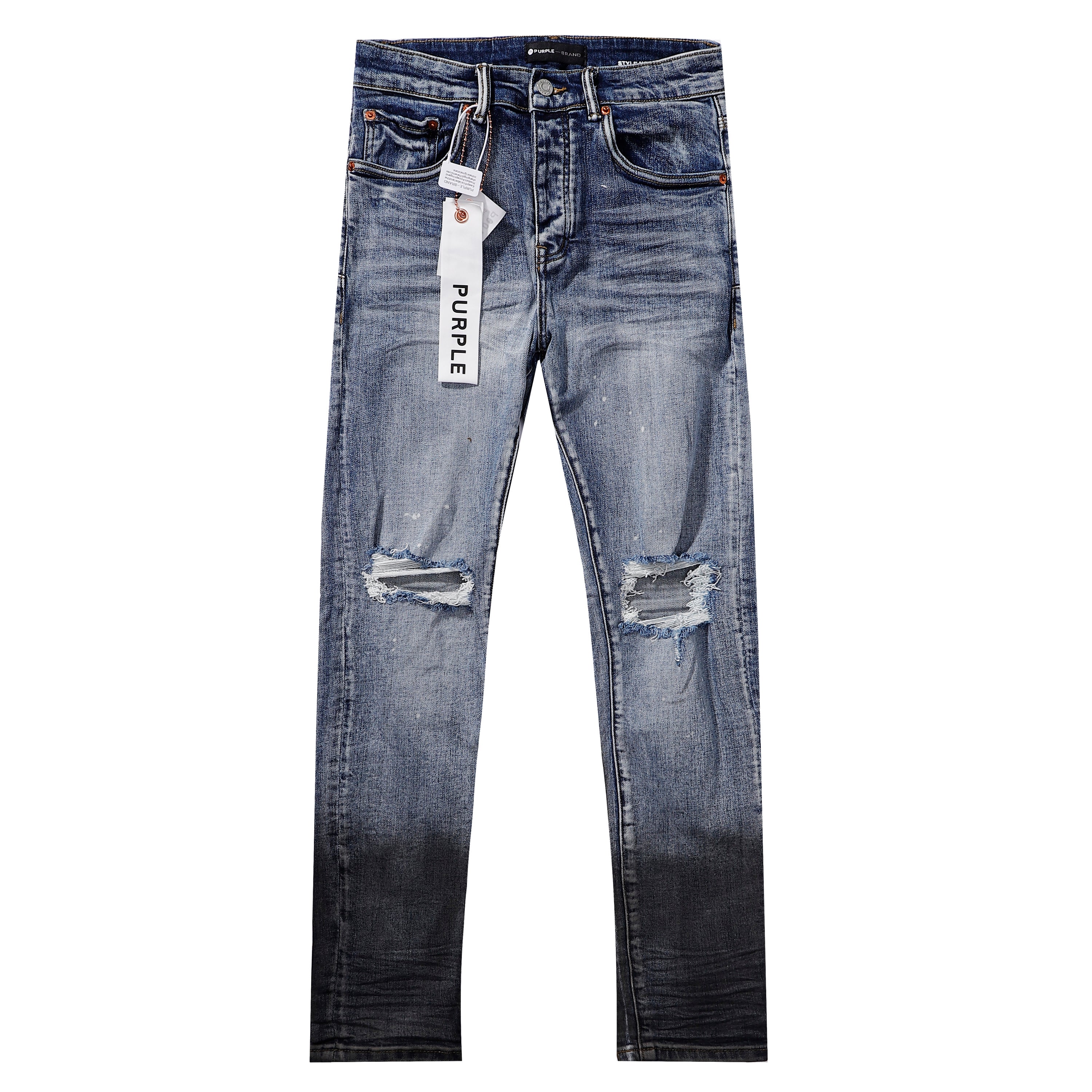 Purple‑Brand Gradient Dip‑Dye Knee Frayed Ripped Splatter Paint Straight Leg Jeans