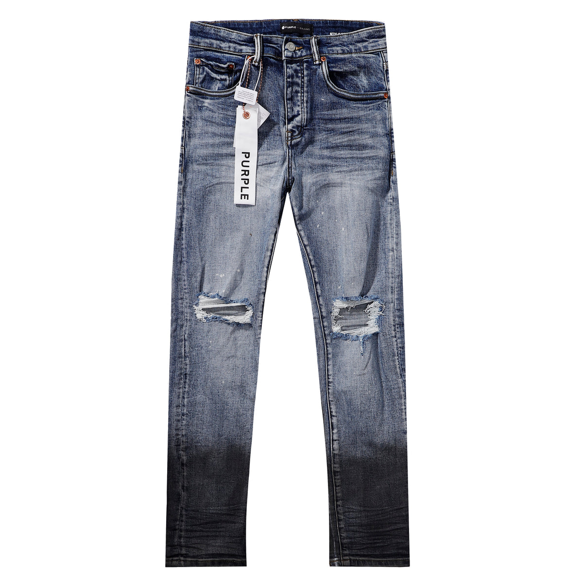 Purple‑Brand Gradient Dip‑Dye Knee Frayed Ripped Splatter Paint Straight Leg Jeans