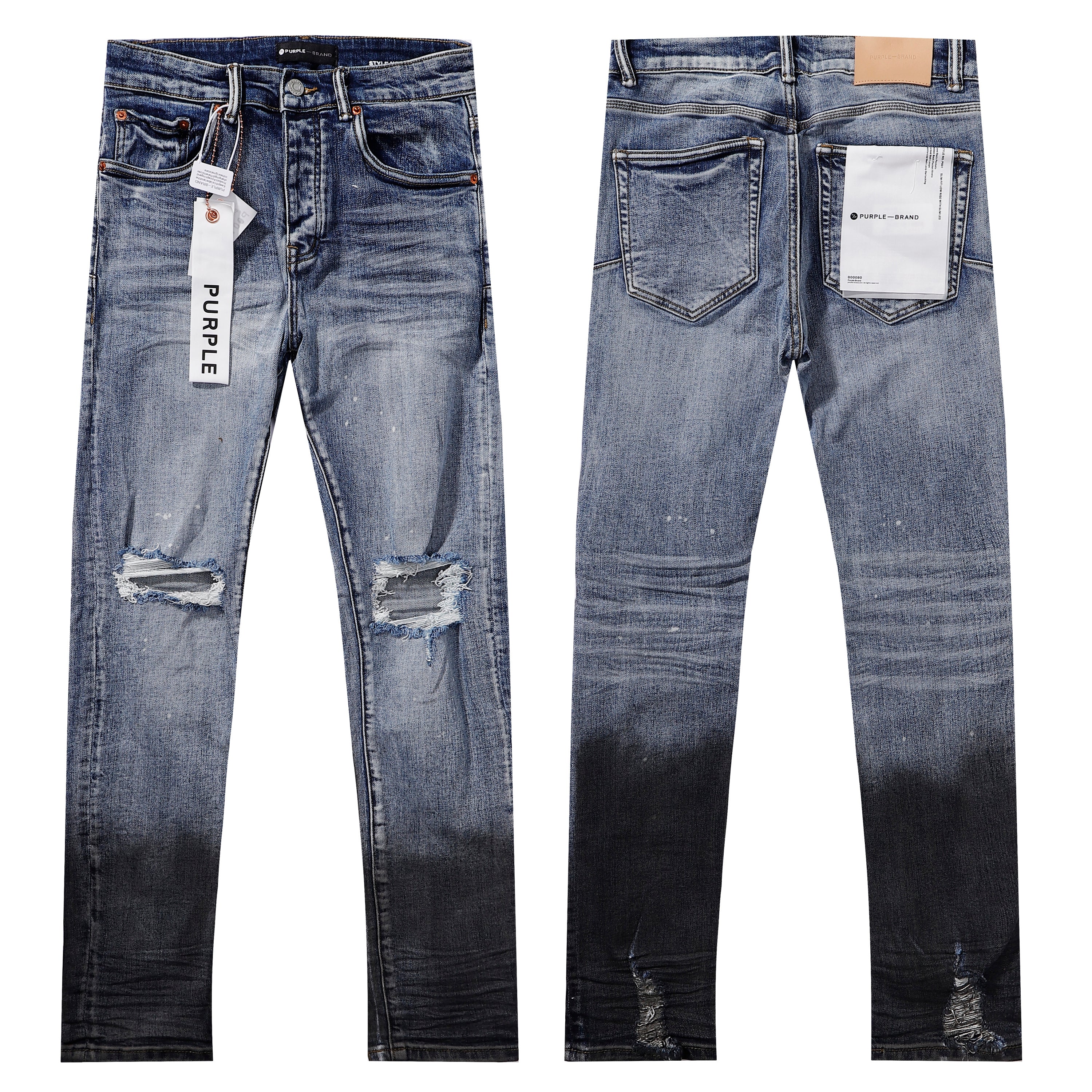 Purple‑Brand Gradient Dip‑Dye Knee Frayed Ripped Splatter Paint Straight Leg Jeans