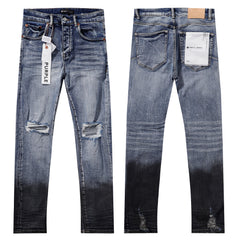 Purple‑Brand Gradient Dip‑Dye Knee Frayed Ripped Splatter Paint Straight Leg Jeans