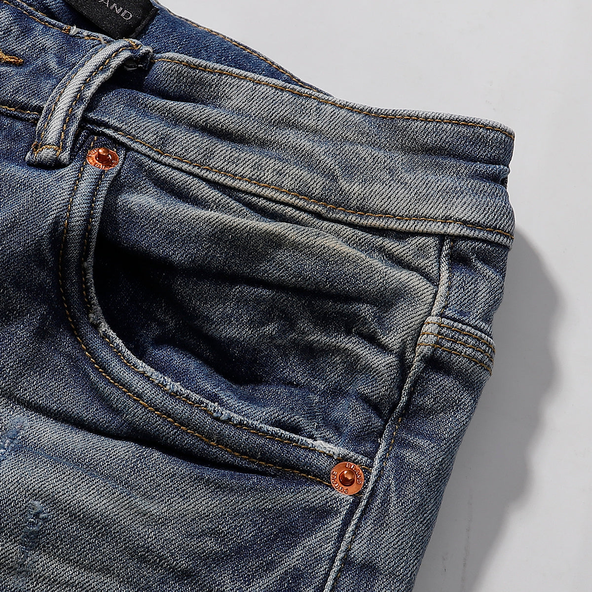 Purple‑Brand Vintage Blue Multi‑Patch Rip Distressed Straight Leg Jeans