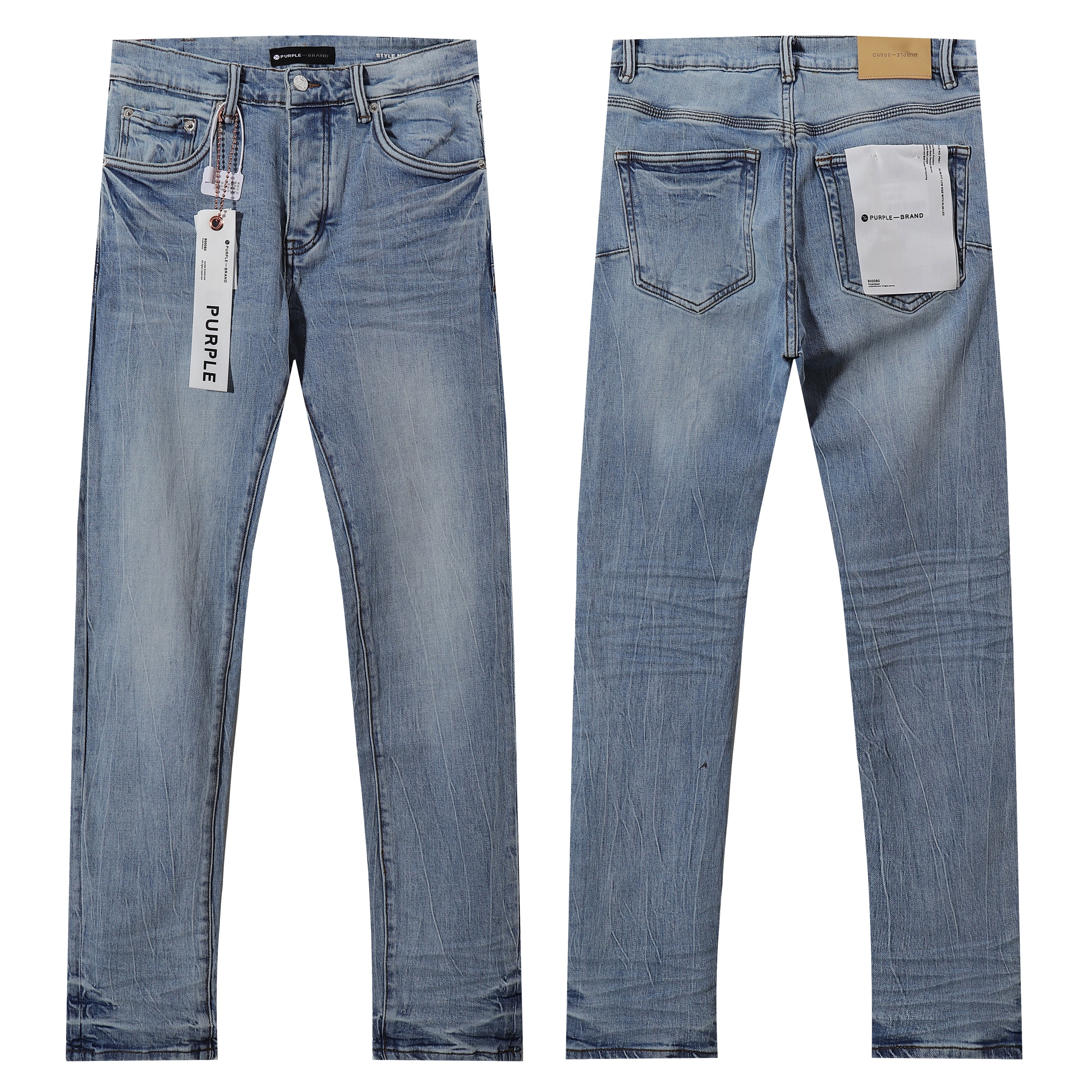 Purple‑Brand Light Blue Crinkle Wash Straight Leg Jeans