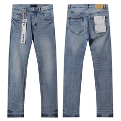 Purple‑Brand Light Blue Crinkle Wash Straight Leg Jeans