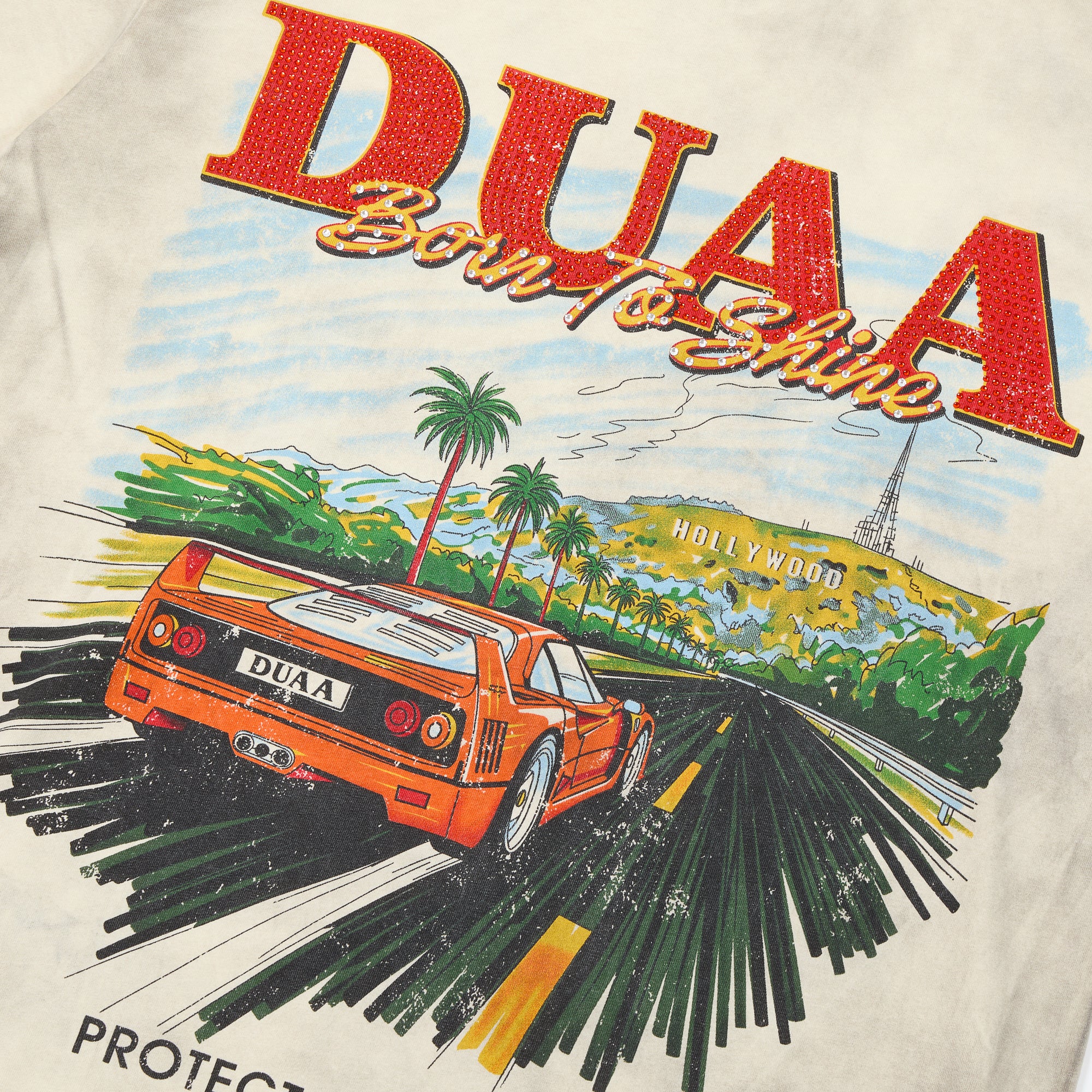 DUAA Born To Shine Retro Supercar Vintage Off White Washed T-Shirt