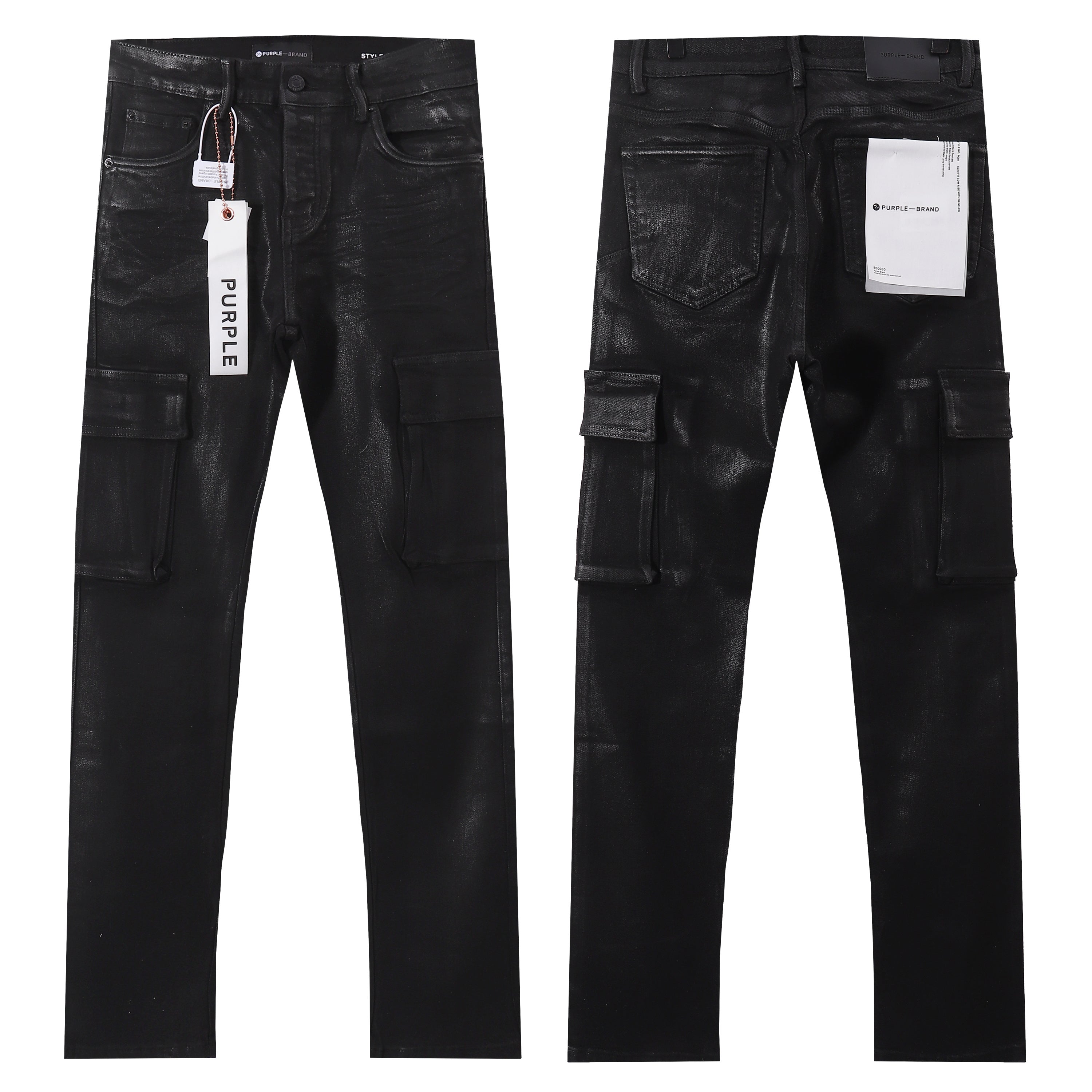 Purple‑Brand Coated Black Cargo Straight Leg Jeans