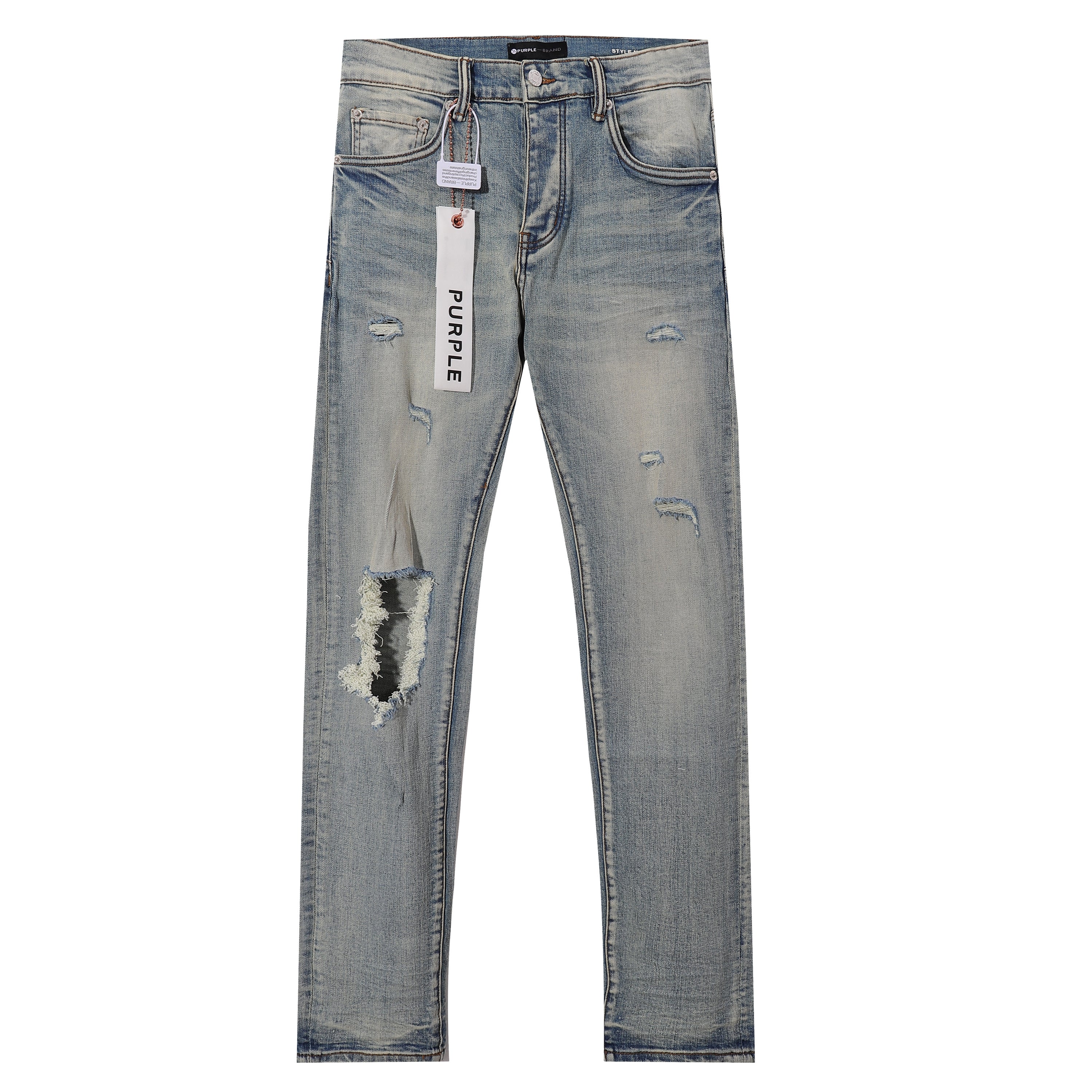 Purple‑Brand Light Faded Multi‑Frayed Ripped Straight Leg Jeans