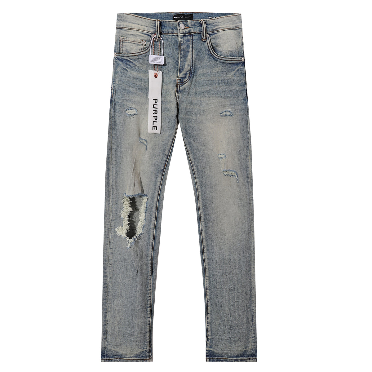 Purple‑Brand Light Faded Multi‑Frayed Ripped Straight Leg Jeans