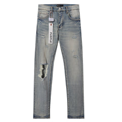 Purple‑Brand Light Faded Multi‑Frayed Ripped Straight Leg Jeans