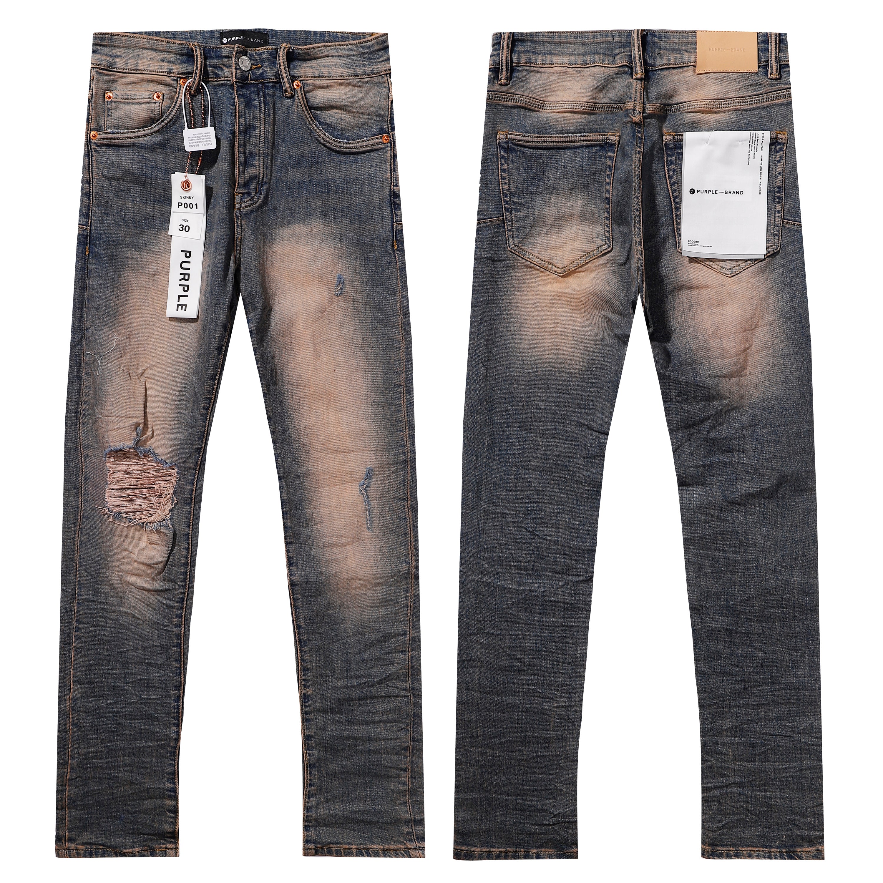 Purple‑Brand Vintage Brown‑Tone Heavy Distressed Frayed Straight Leg Jeans