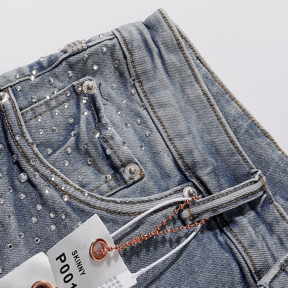Purple‑Brand Light Wash Full Rhinestone Patch Distressed Straight Leg Jeans