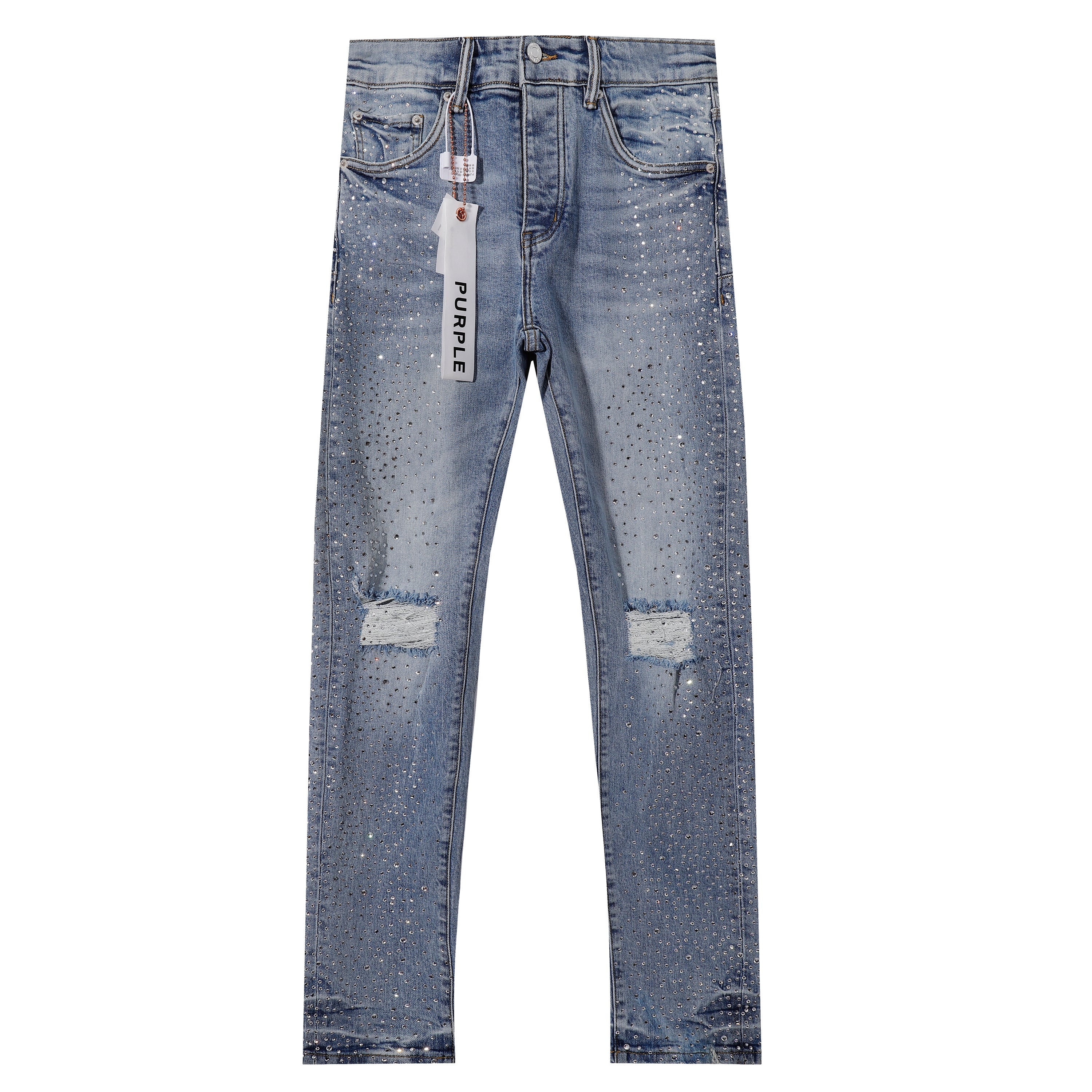 Purple‑Brand Light Wash Full Rhinestone Patch Distressed Straight Leg Jeans