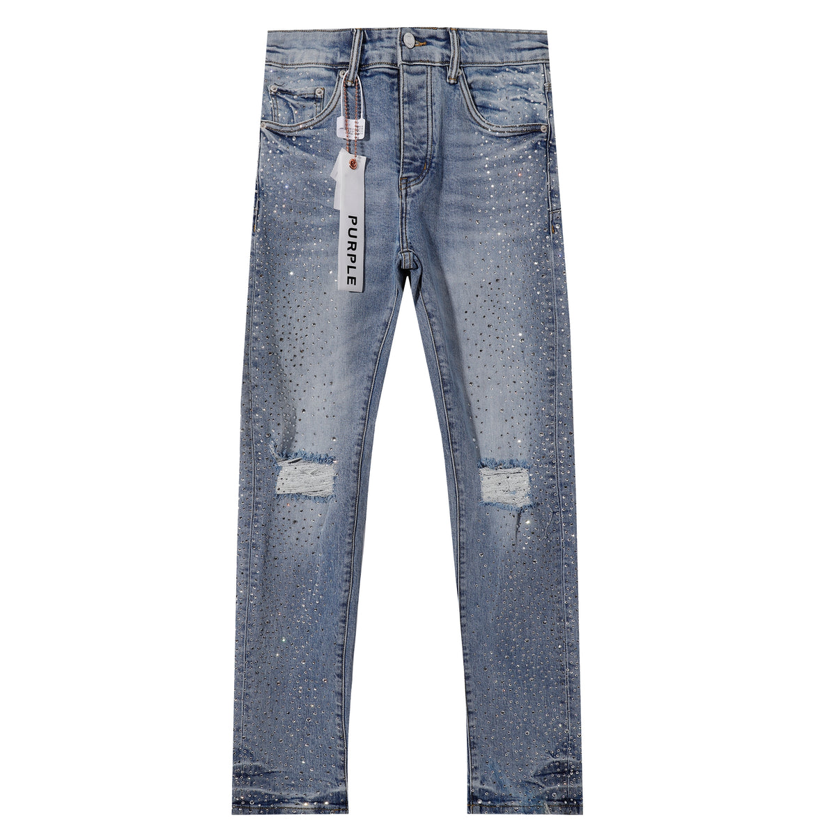 Purple‑Brand Light Wash Full Rhinestone Patch Distressed Straight Leg Jeans