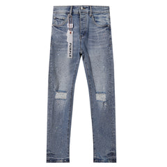 Purple‑Brand Light Wash Full Rhinestone Patch Distressed Straight Leg Jeans