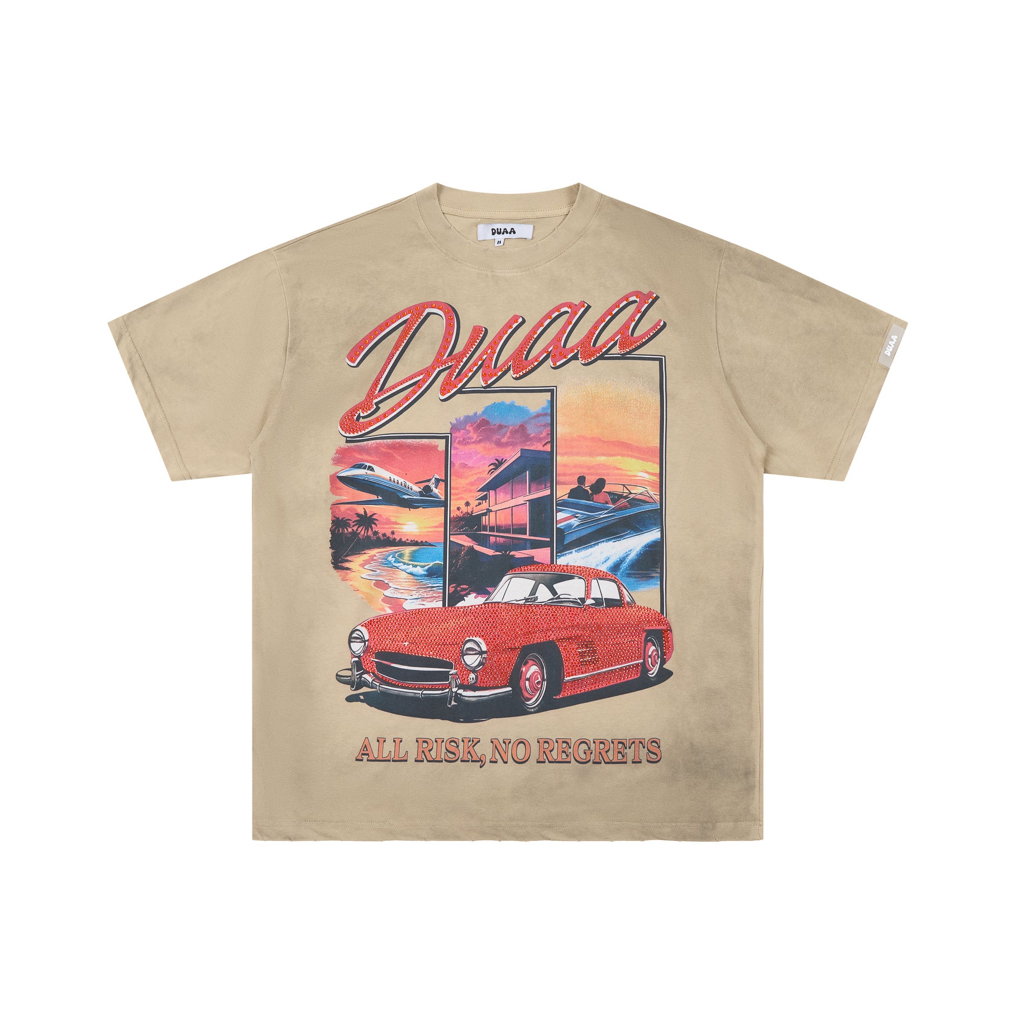 DUAA All Risk No Regrets Retro Classic Car Vintage Khaki Washed T-Shirt