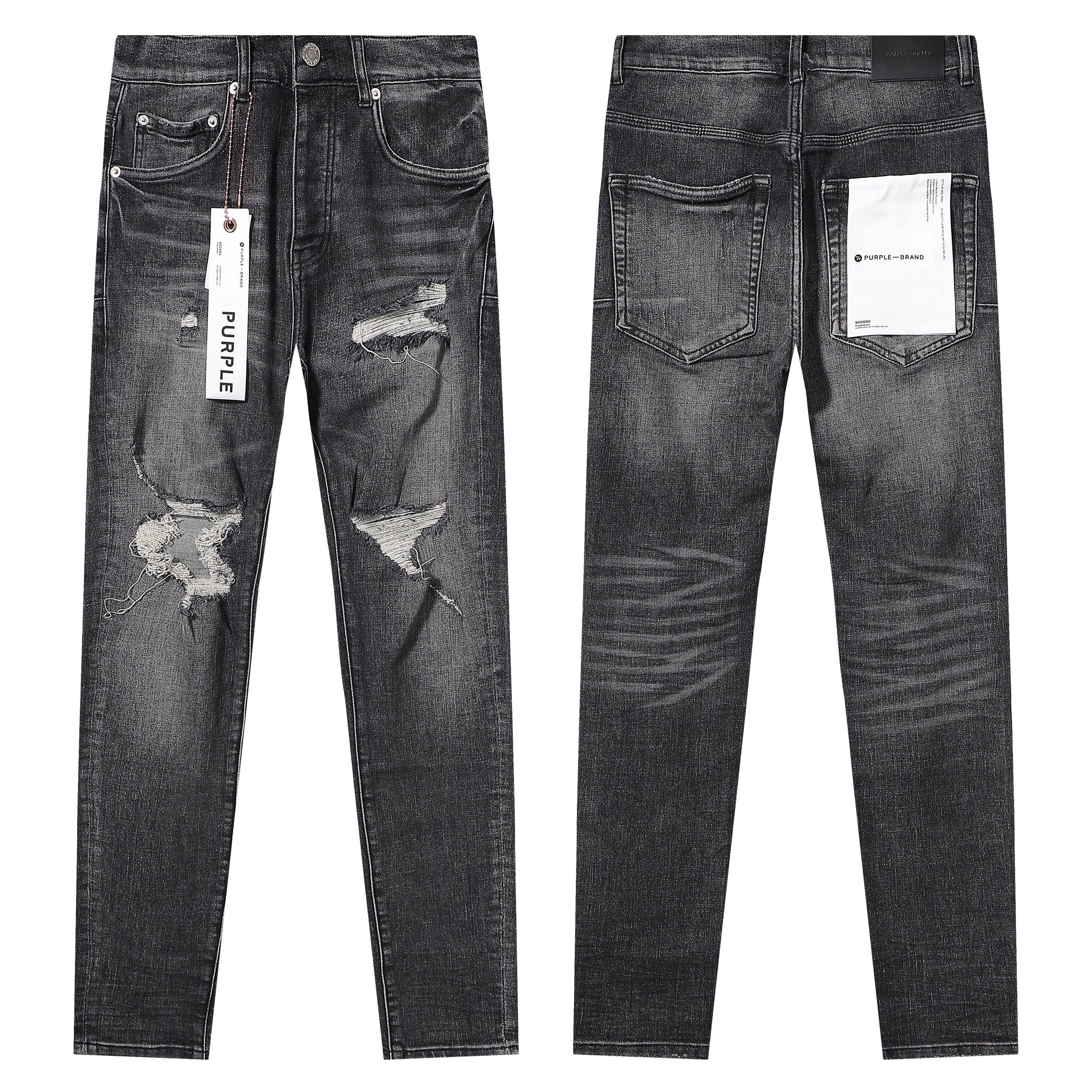Purple‑Brand Black Grey Heavy Frayed Ripped Straight Leg Jeans