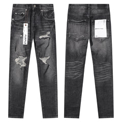 Purple‑Brand Black Grey Heavy Frayed Ripped Straight Leg Jeans