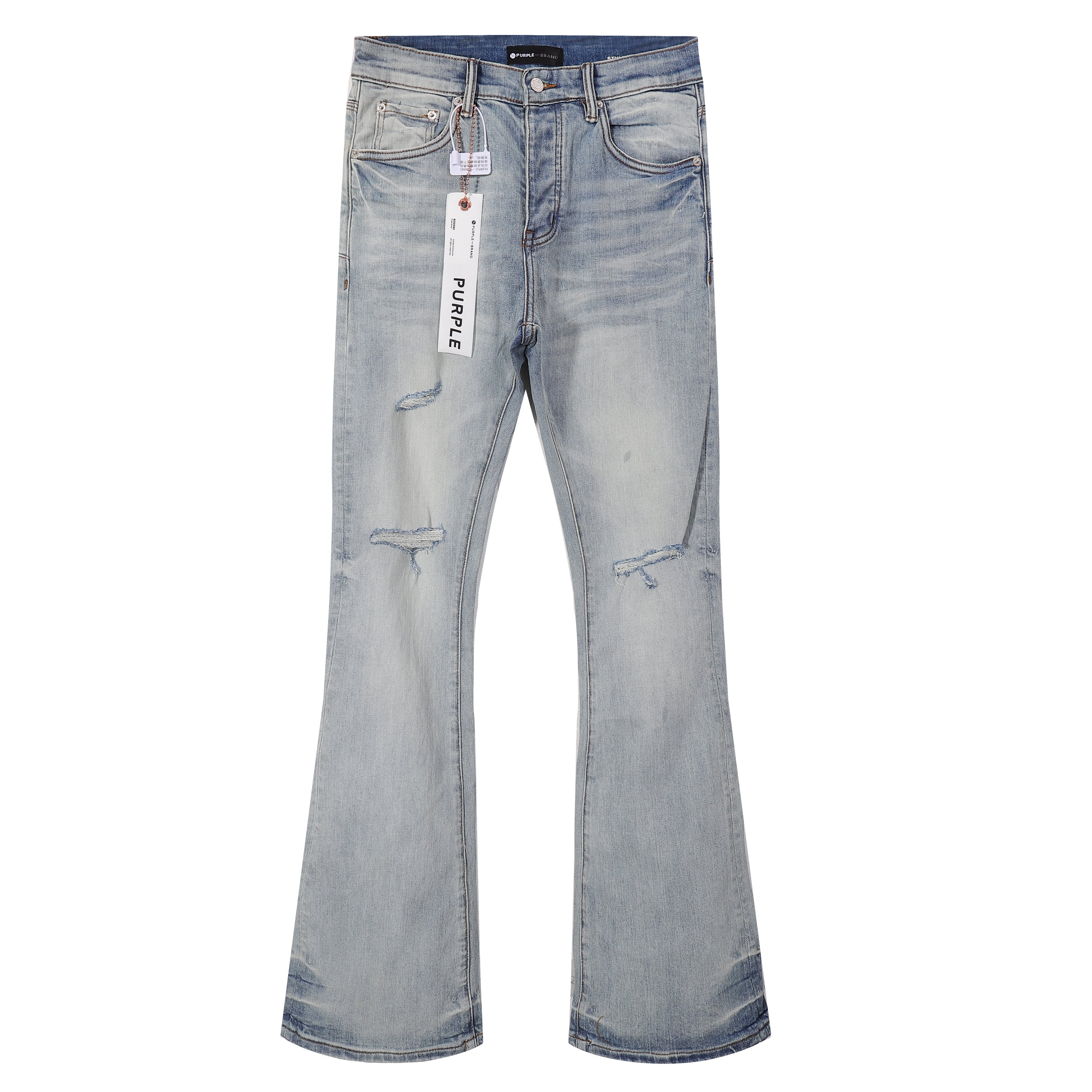 Purple‑Brand Light Blue Washed Frayed Ripped Flare Jeans