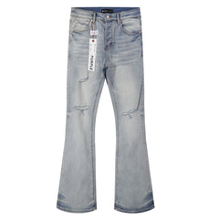Purple‑Brand Light Blue Washed Frayed Ripped Flare Jeans