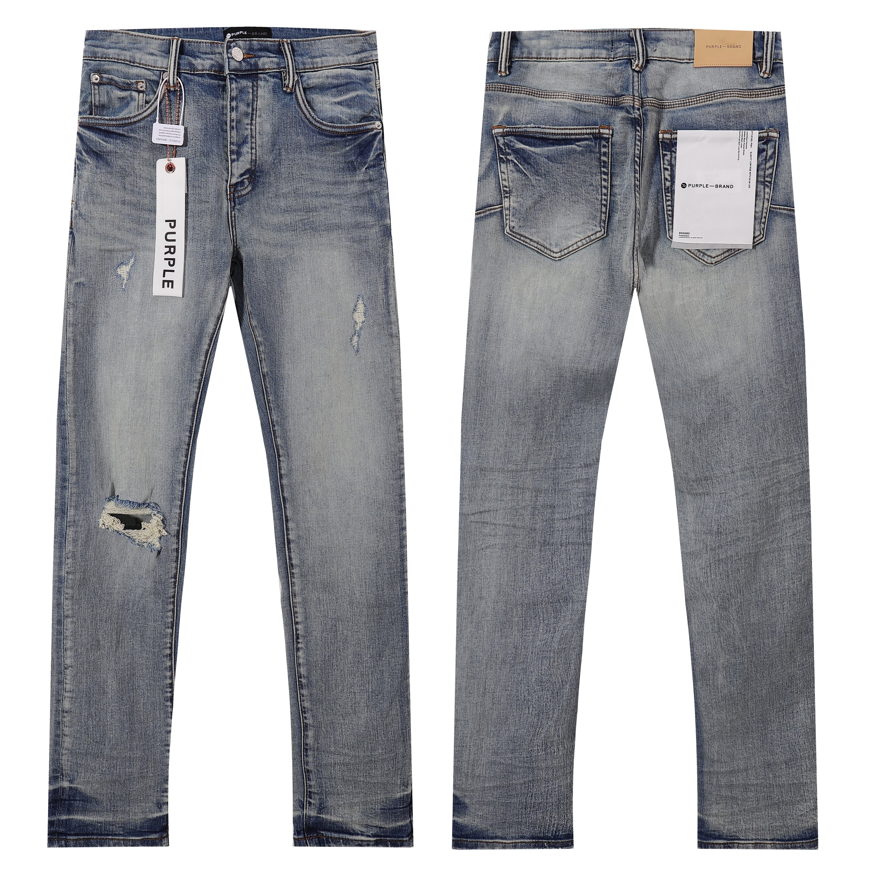 Purple‑Brand Light Vintage Wash Multi‑Ripped Straight Leg Jeans
