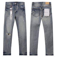 Purple‑Brand Light Vintage Wash Multi‑Ripped Straight Leg Jeans