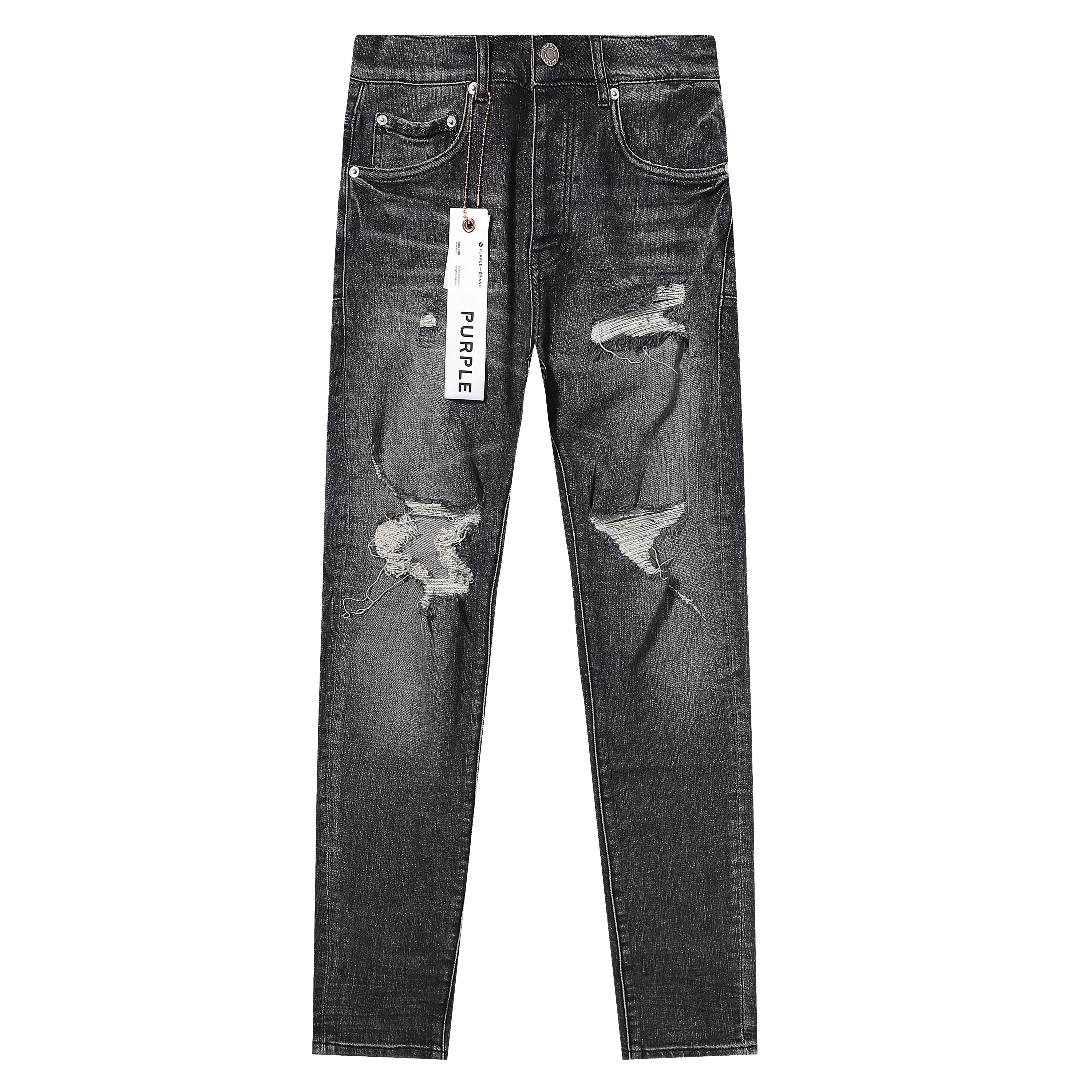 Purple‑Brand Black Grey Heavy Frayed Ripped Straight Leg Jeans