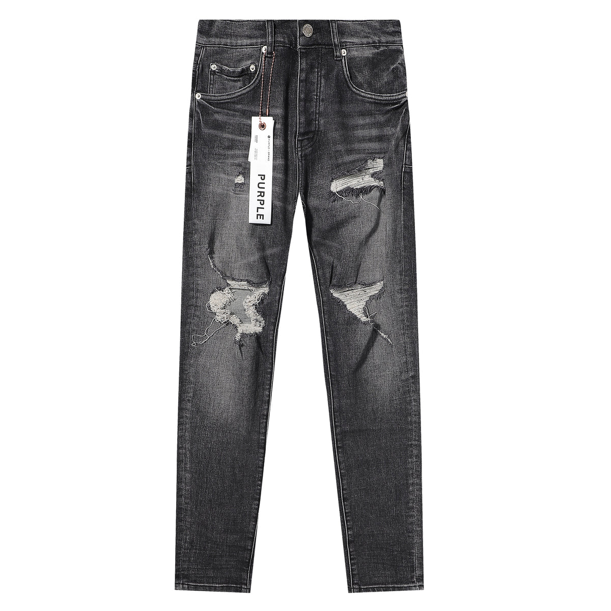 Purple‑Brand Black Grey Heavy Frayed Ripped Straight Leg Jeans