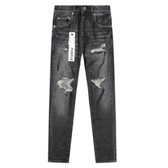Purple‑Brand Black Grey Heavy Frayed Ripped Straight Leg Jeans
