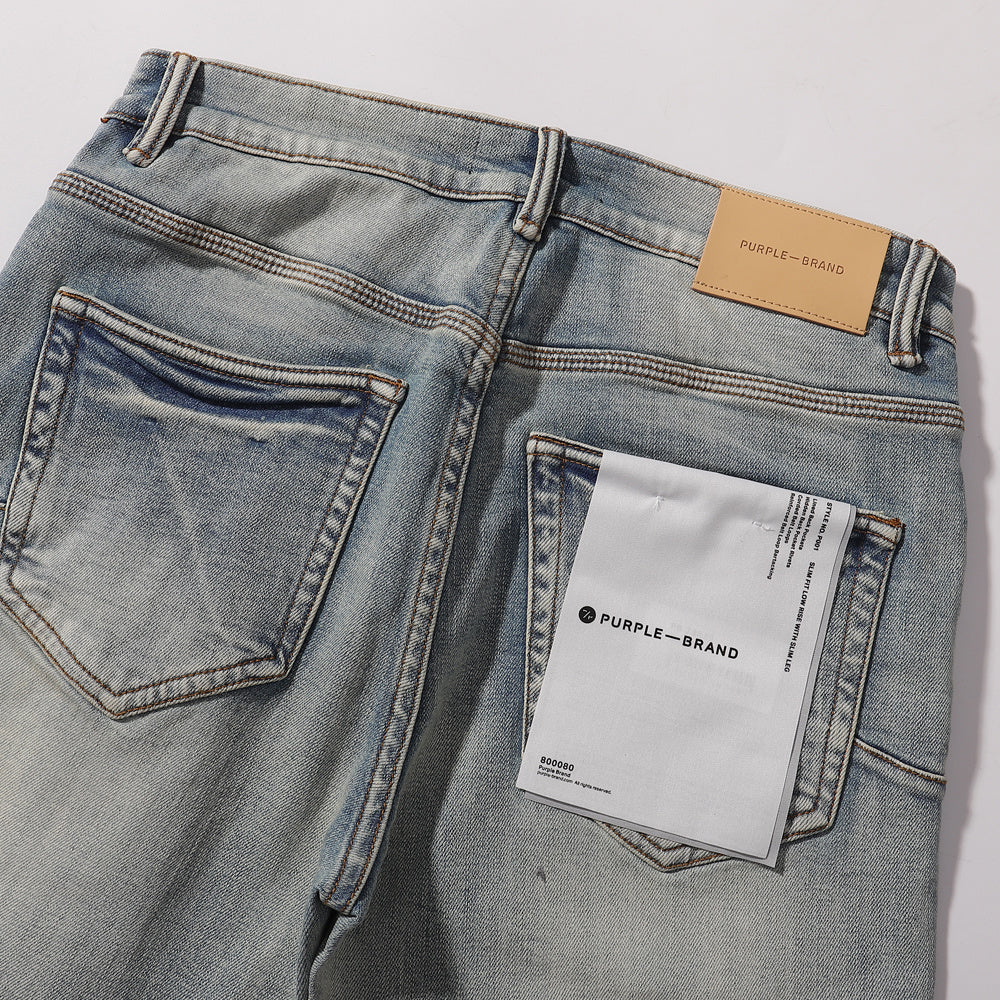 Purple‑Brand Light Faded Multi‑Frayed Ripped Straight Leg Jeans