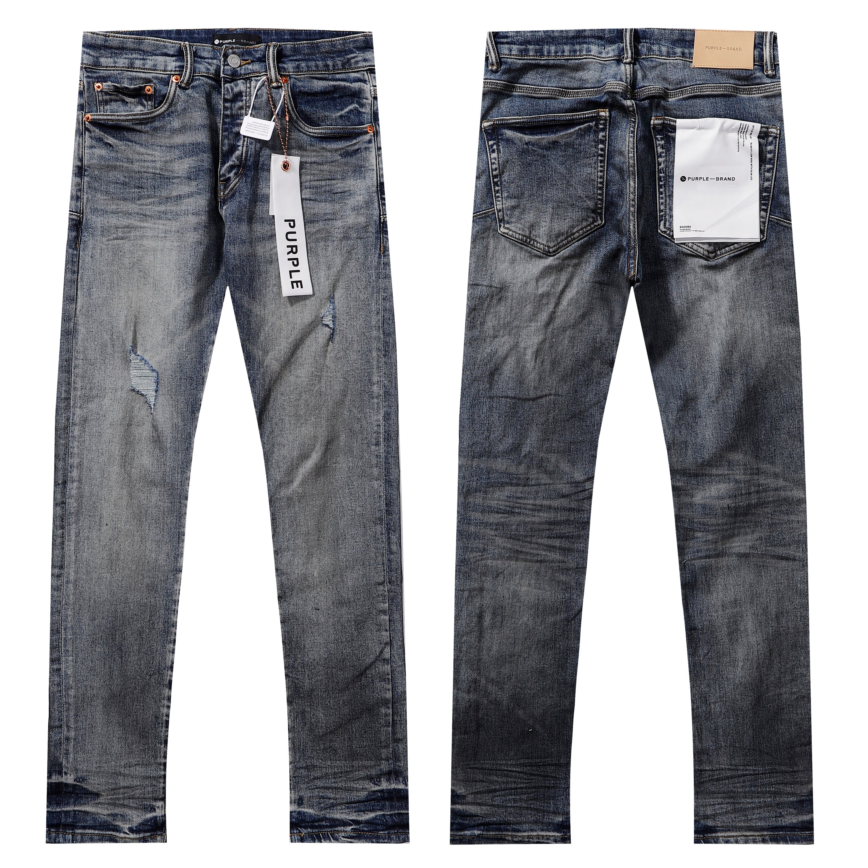 Purple‑Brand Dark Grey‑Blue Scattered Tear Distressed Straight Leg Jeans
