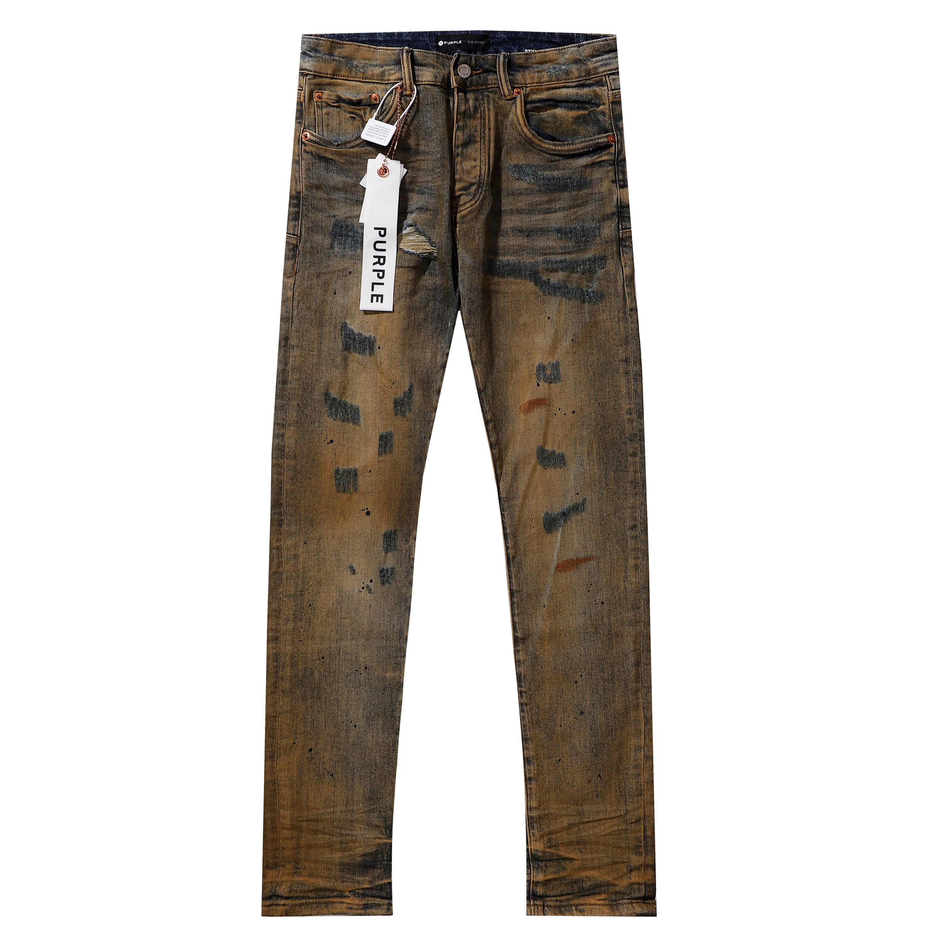 Purple‑Brand Ripped Mud‑Wash Graffiti Print Straight Leg Jeans