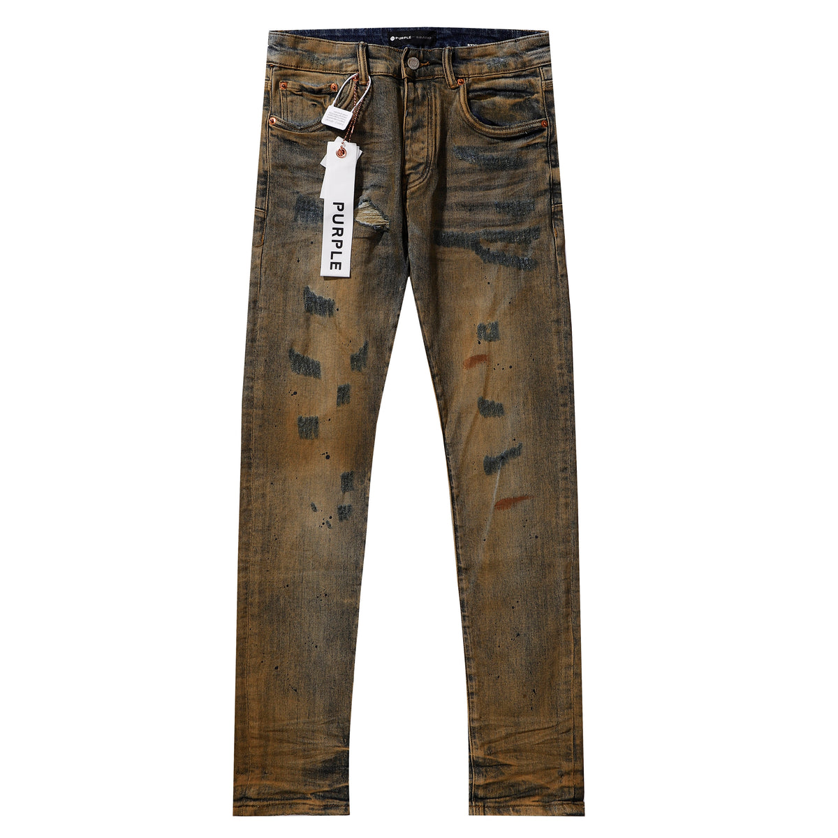 Purple‑Brand Ripped Mud‑Wash Graffiti Print Straight Leg Jeans