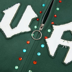 DUAA Gothic Letter 33 Rhinestone Dark Green Zip Up Hoodie