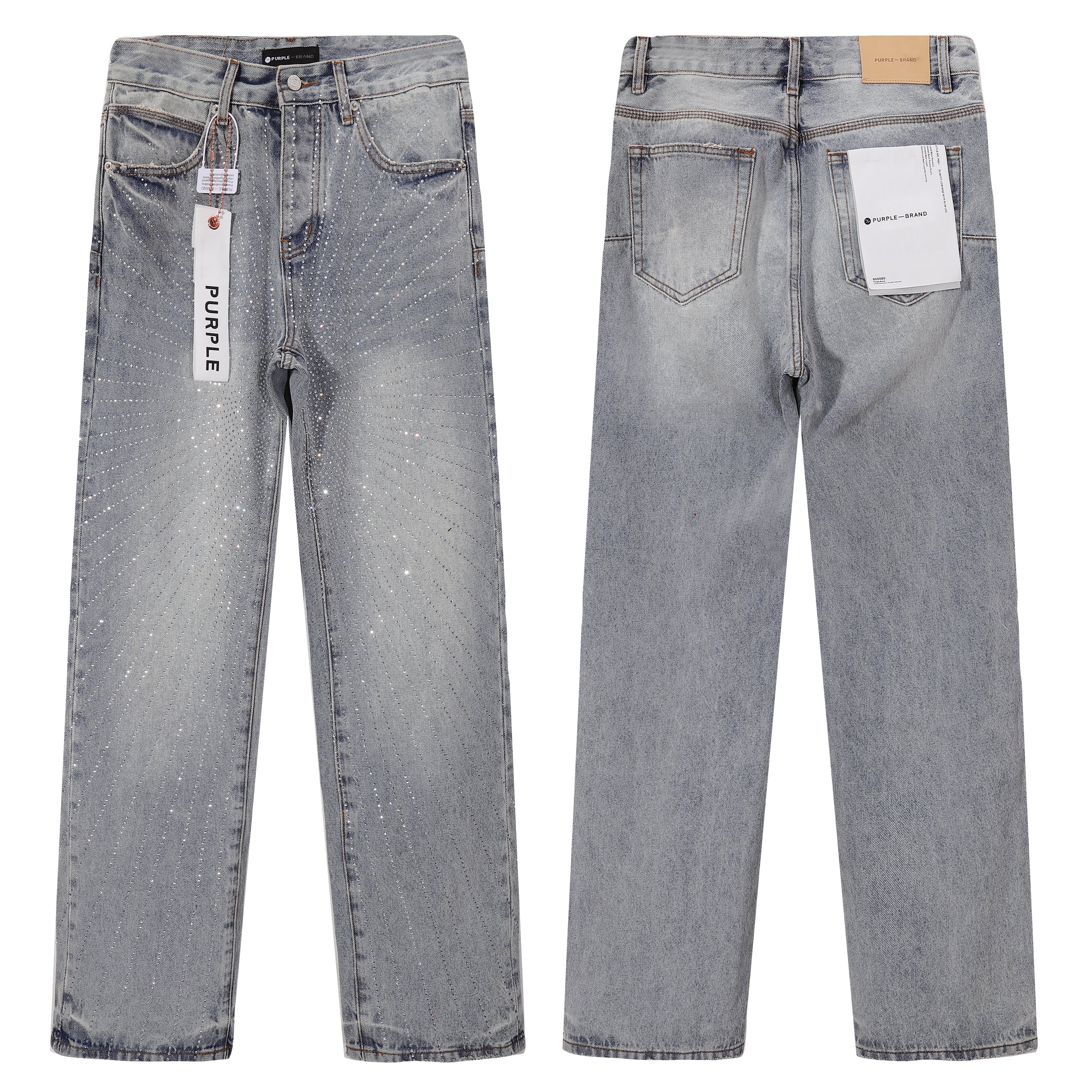 Purple‑Brand Light Acid‑Wash Radial Rhinestone Wide Leg Jeans