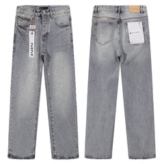 Purple‑Brand Light Acid‑Wash Radial Rhinestone Wide Leg Jeans