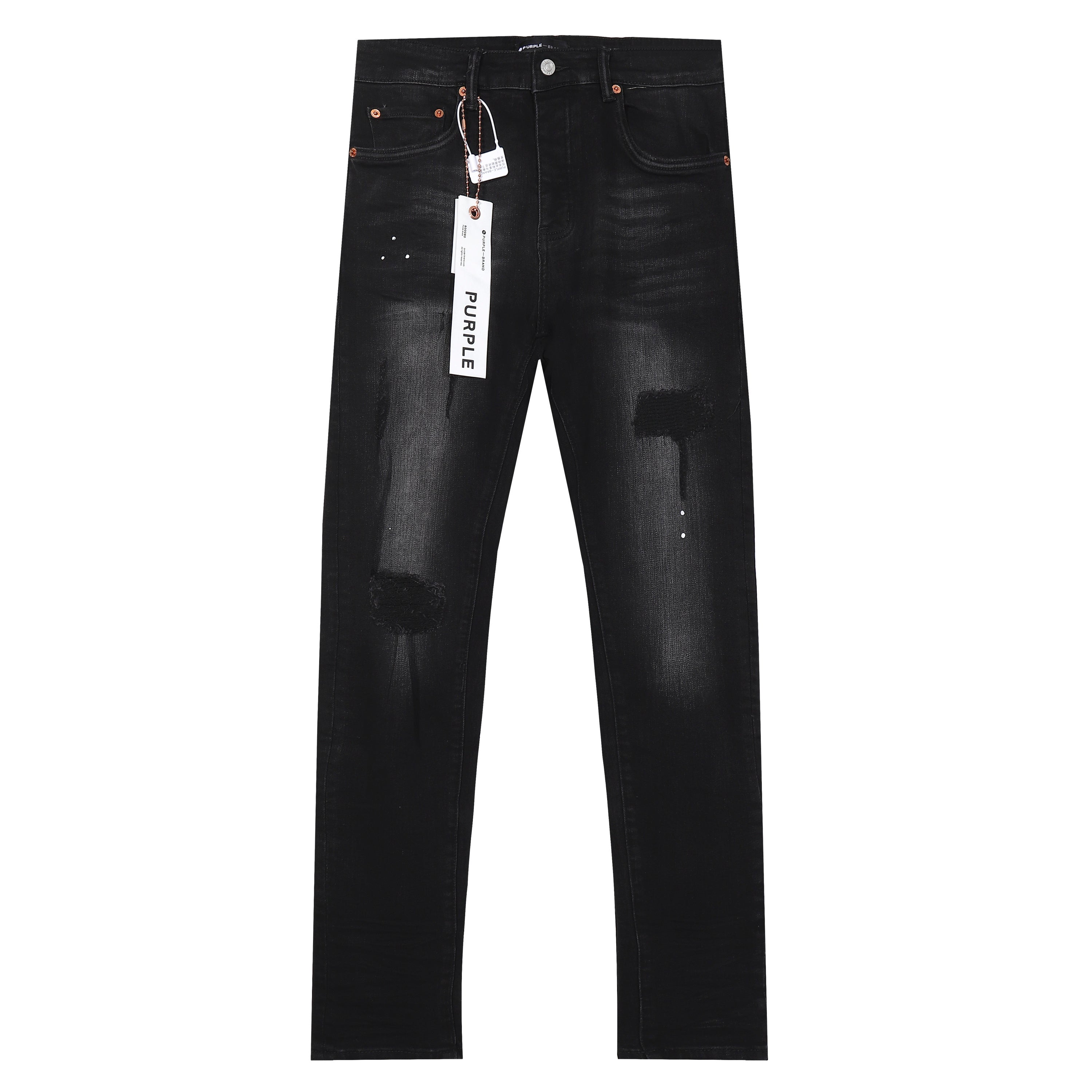 Purple‑Brand Black Repair Patch Splatter Detail Straight Leg Jeans