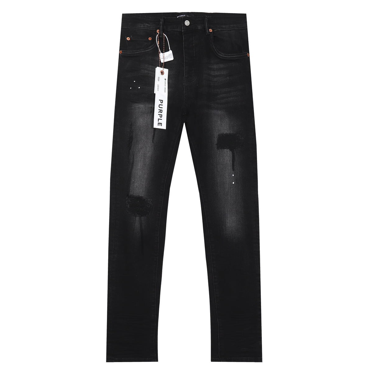 Purple‑Brand Black Repair Patch Splatter Detail Straight Leg Jeans