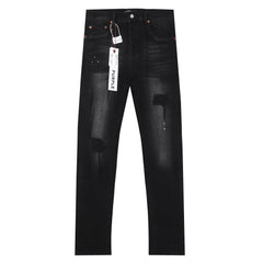 Purple‑Brand Black Repair Patch Splatter Detail Straight Leg Jeans